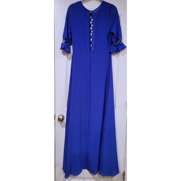LULUS Royal Blue Lace Up Cut Out Maxi Dress Short Sleeve Flowy Crew Neck Size L - Picture 2 of 5